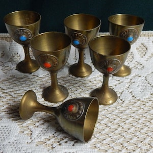 Brass Chalices Set: Medieval Embossed Goblets with Red/Blue Stone