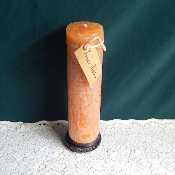 Tall Pillar Candle & Vintage Base - Vance Kitira Timber Candle - Wood Carved Stand - Orange Timber Candle