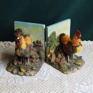 Resin Roosters Country Farmhouse Bookend Set