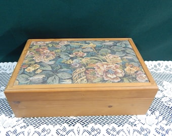 Large 15.75" Hinged Wood Tapestry Lidded Jewelry or Dresser Box