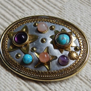 Michal Golan Brooch - Two Tone Brooch - Multi Color Cabochons - Oval Cabochon Jewelry Pin