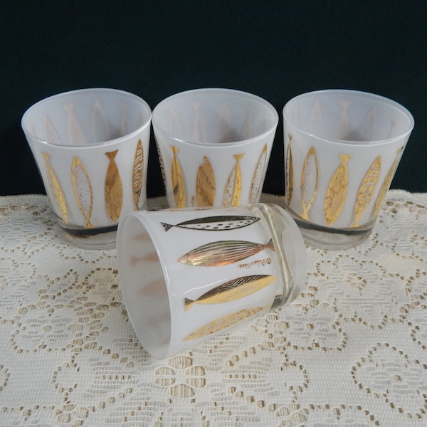 Fred Press Low Ball Glasses - Set of 4 - White Cased Fish Glasses - Mid-Century Barware - Vertical Gold Fish Glassware