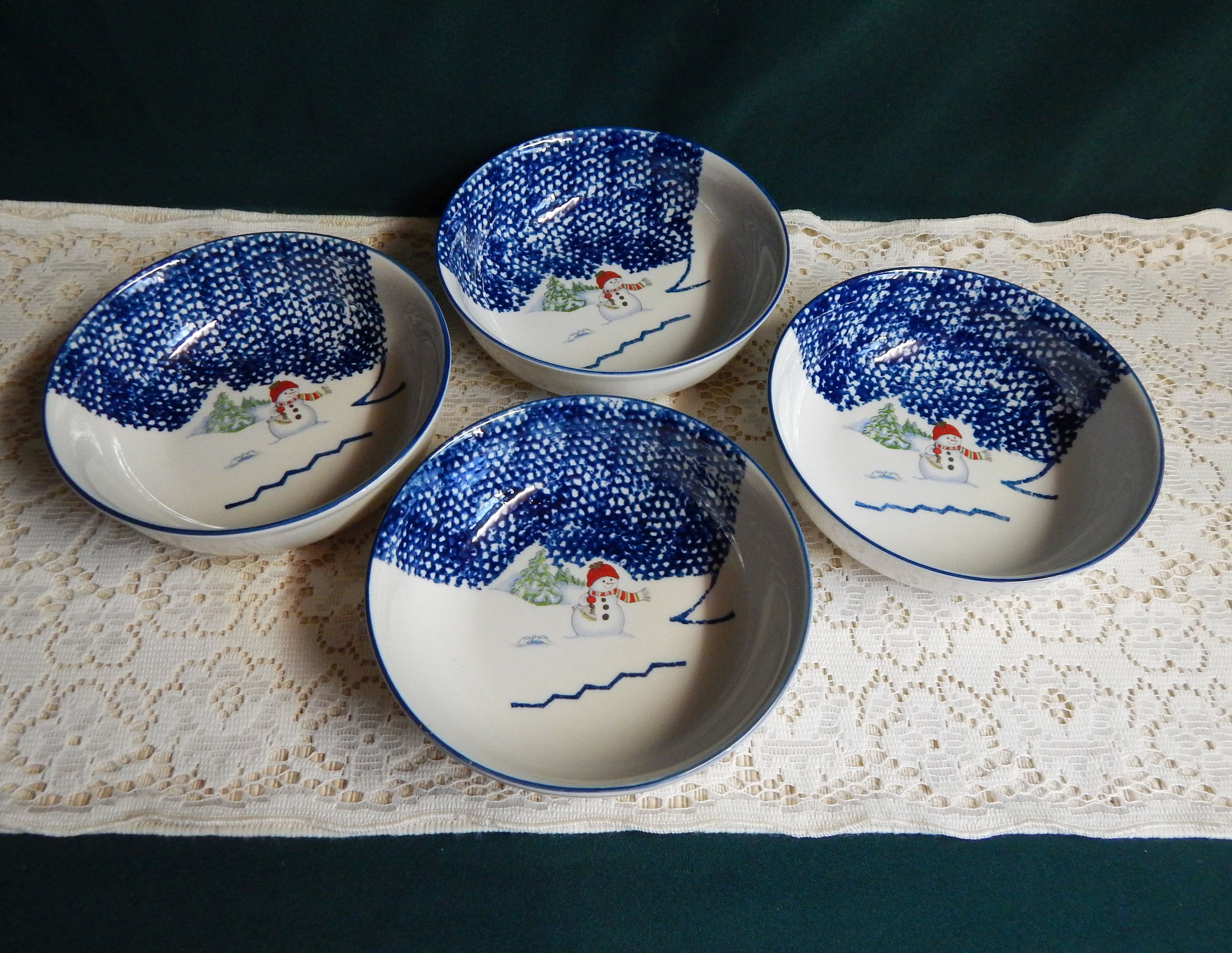 Thompson Pottery Snowman Cobalt Blue Sponge Ware Dinner Plates