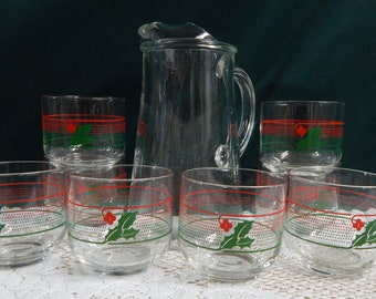 Christmas Pitcher Glasses Set - 9Pc Holiday Set - Large Holiday Pitcher - Matching Low-Ball Glasses - Holiday Juice Glasses - Winter Barware