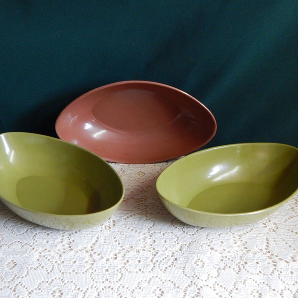 Melamine Serving Bowls - Oval Melamine Bowls - Vegetable Serving Dishes - Avocado Green - Brown - Retro Kitchen Tableware