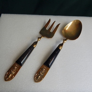 Serving Spoon Fork  - Gold Field Ltd Thai Siam Brass Wood Salad Spoon Fork Serving Utensils - Original Box