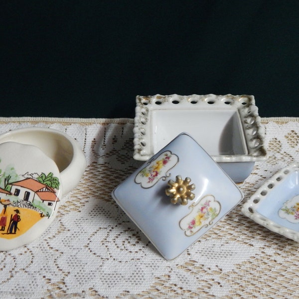 Porcelain Vanity Boxes - Occupied Japan Box - Occupied Japan Soap Dish - Jewelry Box Tray - Southwestern Box - Painted Trinket Boxes