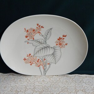 May include: White oval serving platter with a floral design. The design features gray leaves and pink and orange flowers.