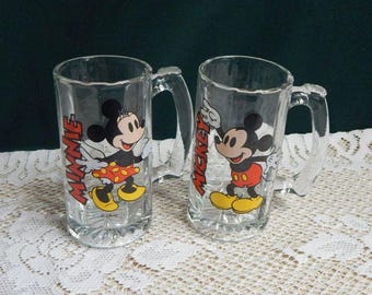 Disney's Minnie & Mickey Mouse Clear Glass 5.5" Mugs Steins - Set of 2 - Made in USA
