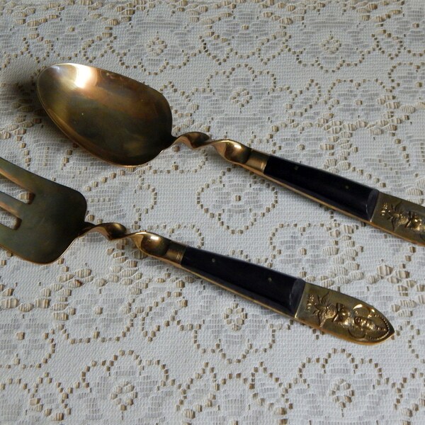 Spoon Fork Set - Thai - Siam - Brass Wood Utensils - Salad Spoon Fork  Set - Serving Flatware - Original Box