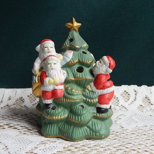 Vintage Ceramic Christmas Tree Tealight Holder with Santas (1994)