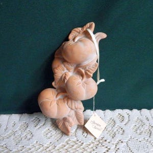 May include: Terracotta wall hanging featuring a cluster of stylized tomatoes with leaves. The hanging has a white tag with the text "Garden Gnomes".