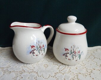 Royal Seasons Snowmen Tableware - Sugar Creamer Set - Gravy Boat - RNI - Red Rim Snowflake - Winter Holiday Dinnerware - Discontinued