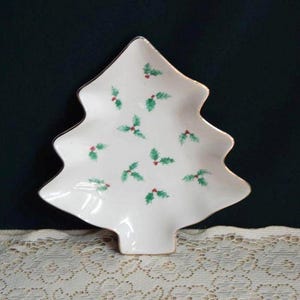 Porcelain Christmas Tree Candy Dish: Gold Trimmed Holly Design