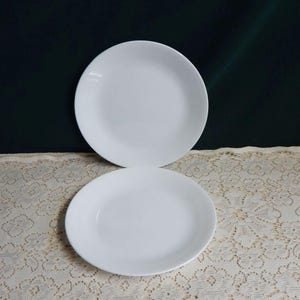 May include: Two white ceramic dinner plates stacked on top of each other. The plates are plain white with a smooth, glossy finish.
