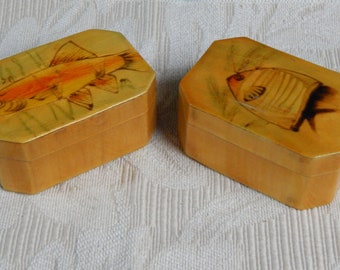 Handpainted Wood Boxes - Fish Trinket Boxes - Set of 2 - Wood Trinket Boxes - Small Keepsake Boxes - Satin Lined Boxes