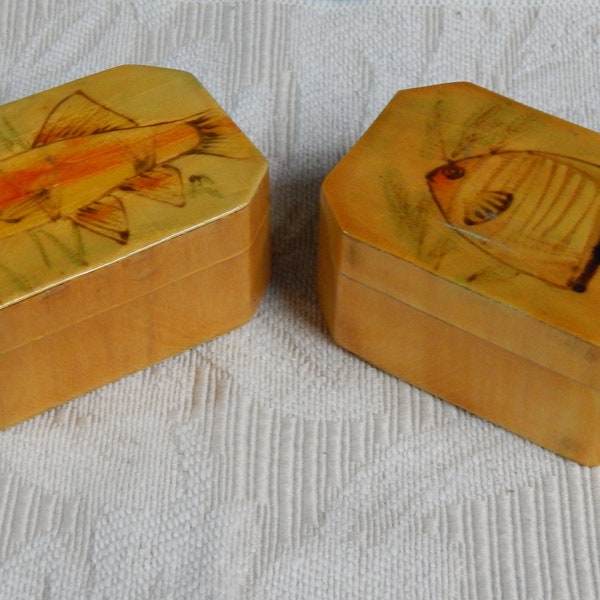 Handpainted Wood Boxes - Fish Trinket Boxes - Set of 2 - Wood Trinket Boxes - Small Keepsake Boxes - Satin Lined Boxes