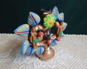 Mexican Folk Art Terracotta Tree of Life Candle Holder