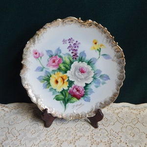 Signed T. Aoki Handpainted Rose Plate: Scalloped Porcelain with 24K Gold