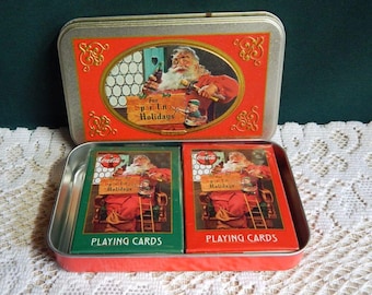 Coca Cola Cards: Set of 2 Coca-Cola Sealed Santa Card Decks In Tin Box