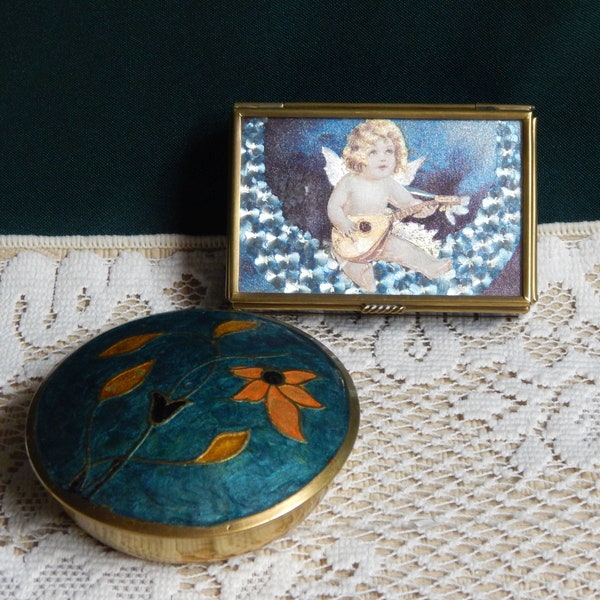 Brass Jewelry Boxes - Cherub Jewelry Box - Via Vermont - Brass Mirrored Box - Made In Mexico - Brass Enamel Box  - Floral Enamel Box - India