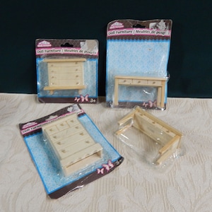 Unpainted Wood Dollhouse Furniture: Miniature Dresser & Table - New Old Stock