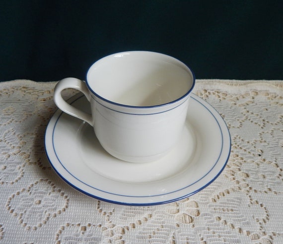 Lenox Chinastone Blue Pinstripes 8Oz Flat Cups and Saucers Sets - Sold Individually  - Made in USA