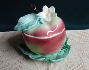 Vintage Apple Shaped Ceramic Lidded Sugar Bowl with Underplate