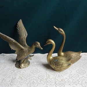 Brass Bird Figurines - 2 Brass Swans - Brass Swan Figurines - Brass Duck Figurine - Brass Flying Mallard - Flying Brass Duck - Brass Bird