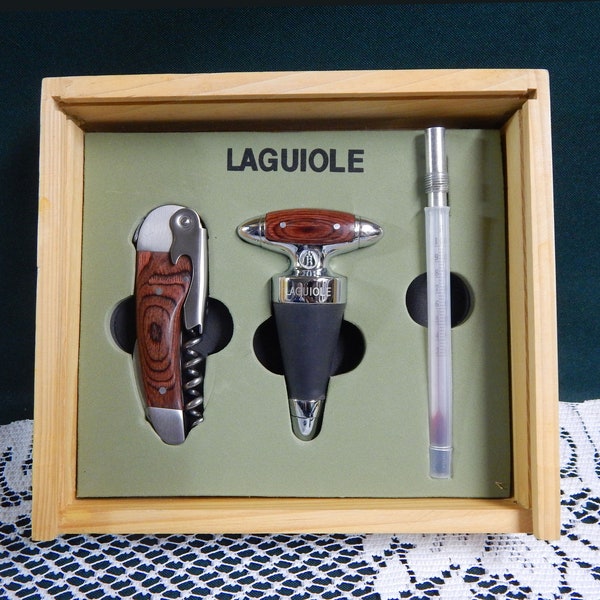 Laguiole Boxed Set - 3 Pc Bar Set - French Bar Set - Thermometer - Bottle Stopper - Corkscrew Knife Bottle Opener - Wooden Storage Box