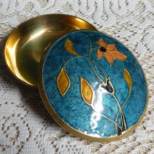 Vintage Brass Cloisonne Trinket Box: Floral Enamel Jewelry Dish, Made in Japan