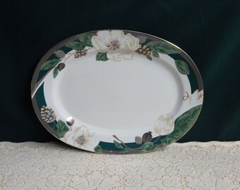 Tienshan Magnolia 14" Platter - Magnolia Oval Serving Platter by Tienshan - Fine China Replacement Dishes - Discontinued Pattern