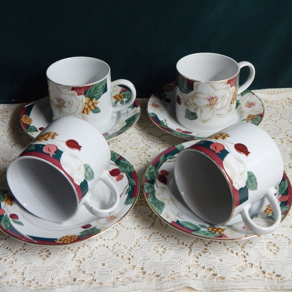 Tienshan Magnolia Fine China Flat Cups and Saucers - Vintage Magnolia by Tienshan Fine China Replacement Dishes - Discontinued Pattern