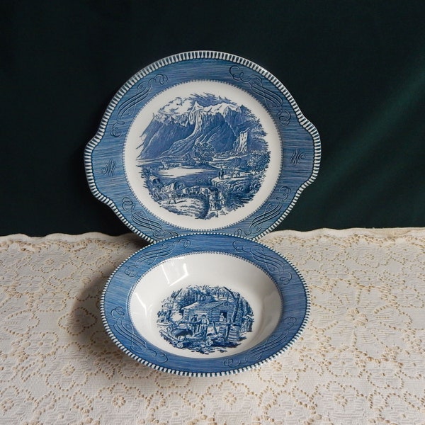 Currier & Ives Blue Round Vegetable Bowl or Handled Cake Plate - Currier and Ives by Royal USA - Rocky Mountains Plate Maple Sugaring Bowl