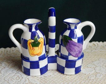 Herman Designs Handpainted Ceramic Watercolor Checkered Olive Oil & Vinegar Bottles with Caddy - Made in USA
