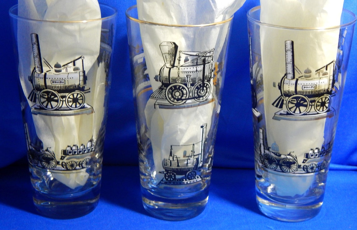 Libbey Train Glasses Set Of 5 Steam Engines Etsy