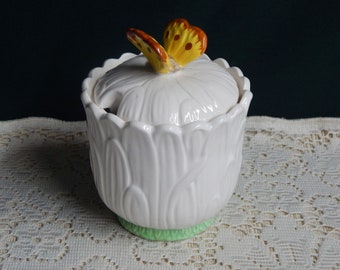 Lefton Butterfly Ceramic Sugar Bowl or Jam Jelly Jar - Made in Japan