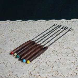Fondue Fork Set - Set of 6  - Mid Century Fondue Appetizer Forks with Stainless Steel & Rosewood Handles - Original Box