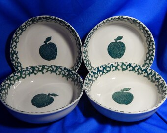 Spongeware Bowls - Sets Of 4 - Apple by Tienshan -  Tienshan Folk Craft - 1980's Green Spongeware - Tienshan Bowls Mugs