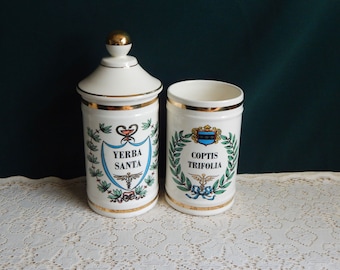 Vintage 1960s Ceramic Apothecary Jars: Coptis Trifolia & Yerba Santa