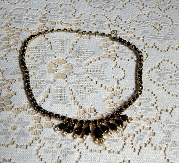 Rhinestone Choker Necklace - Black Clear Rhinesto… - image 1