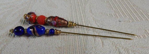 Beaded Hat Pins - Set of 2 - Blue Hat Pin - Orang… - image 2