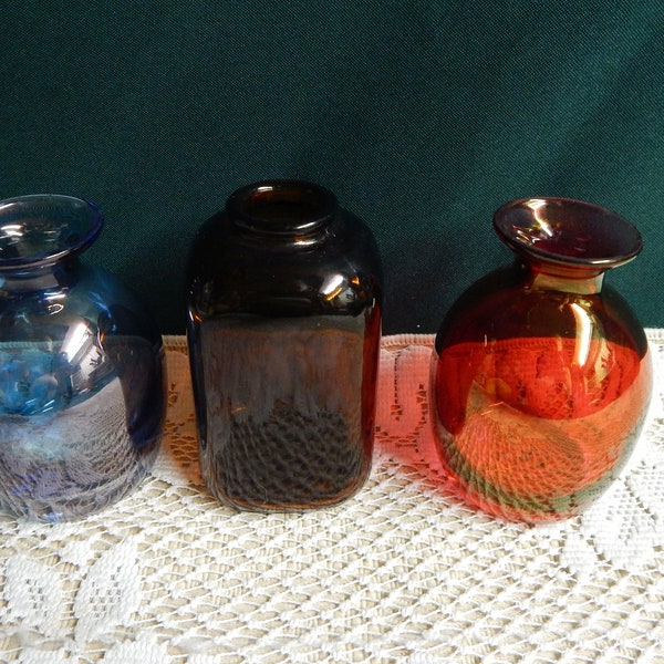 Bottle Neck Vases - Cranberry Glass Vase - Blue Mid-Century Vase - Amber Snuff Bottle - Amber Snuff Jar - Bud Vases - Bottle Vases