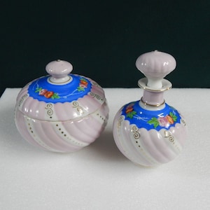 Retro Porcelain Vanity Set: Perfume Bottle & Lidded Bowl - Made in Japan