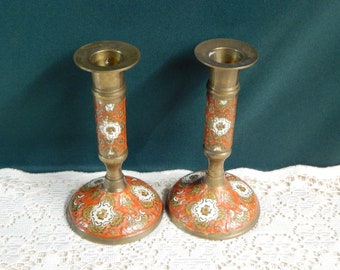 Brass Enameled 6" Matching Taper Candlesticks - Set of 2 - Made In India