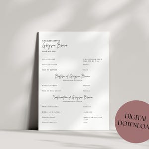 May include: A printable baptism program for Greyson Brown, with the date March 19th, 2021. The program lists the order of events for the baptism ceremony, including the opening song, opening prayer, talk on baptism, musical number, talk on Holy Ghost, primary welcome, biographical welcome, closing song, and closing prayer.