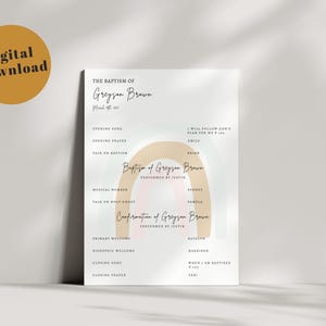 May include: A printable baptism program with a watercolor rainbow design. The program includes the name Greyson Brown and the text "I will follow God's plan for me." The program also includes a list of events and the names of the people participating in each event.