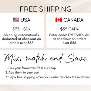 May include: A white informational graphic with black text that reads FREE SHIPPING, USA, CANADA, and Mix, match and Save. The graphic includes a list of three steps for customers to follow to qualify for shipping offers on their orders.