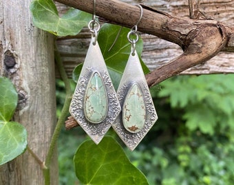 Hand Stamped Sterling Silver Turquoise Earrings, Southwest Boho Dangles