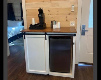 Custom Barn Door Coffee Bar Cabinet, Farmhouse Espresso Station, Kitchen Beverage Storage